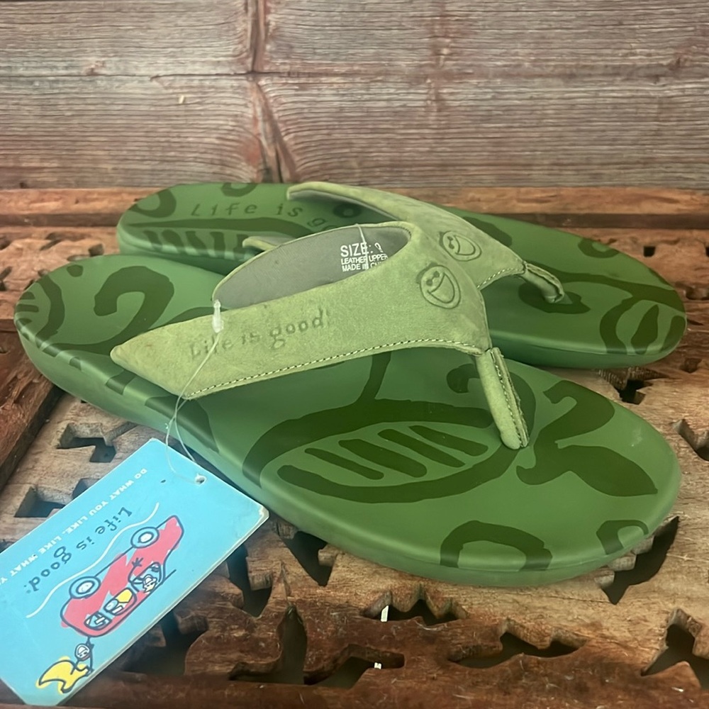 Life Is Good Olive Leather Flip Flops